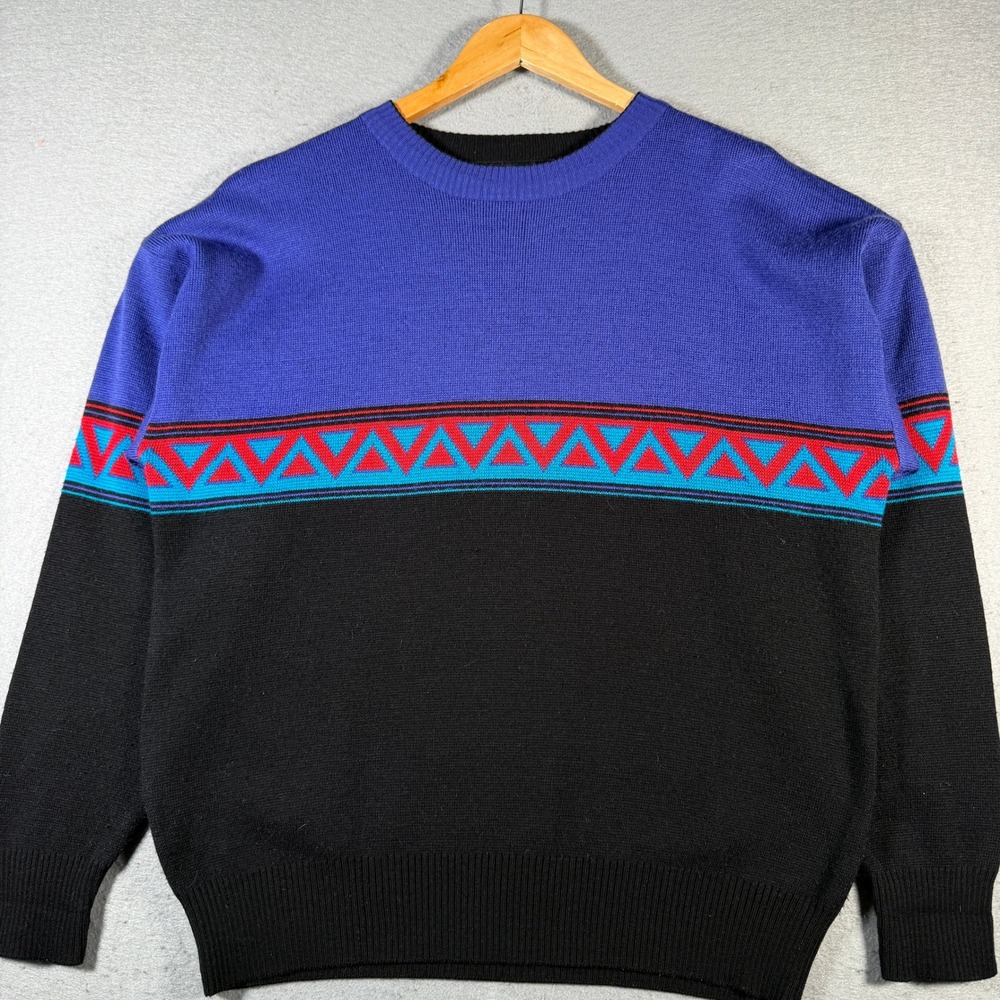 Vintage Inside Edge Men L Geometric‎ Pattern Sweater Blue Black Red Acrylic Wool